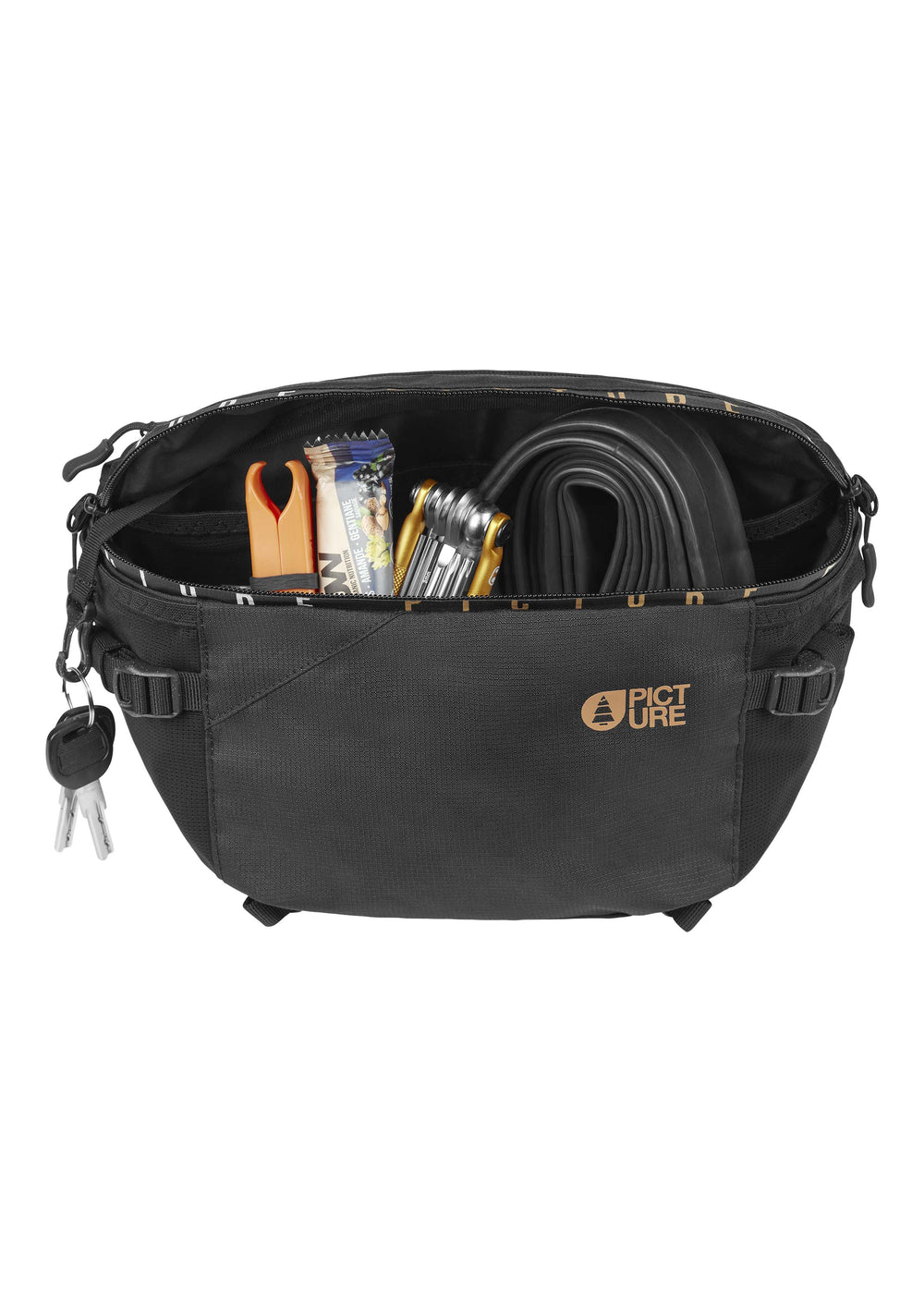 Internal organisation: 2 mesh pockets, 1 key hook and elastic bindings to store multi tools, tubes, tire irons…